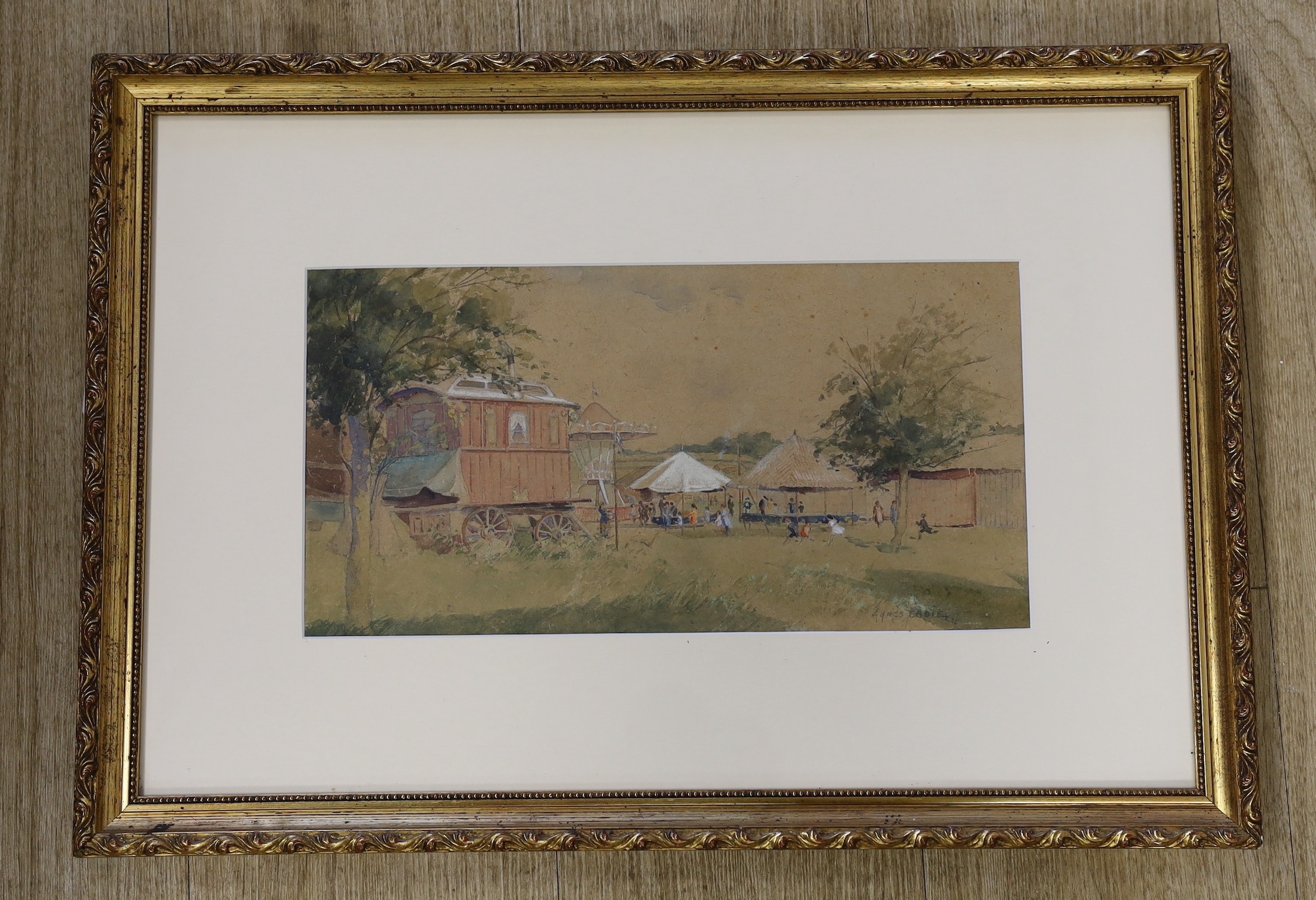 Agnes S. Eadie (Exh.1901-1936), watercolour, Study of a travelling funfair, signed, 18 x 36cm